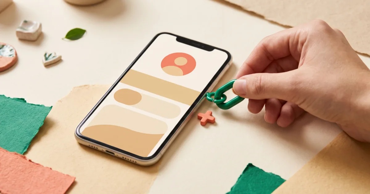 A hand attaching a green chain link to the edge of a smartphone that shows an abstract profile screen